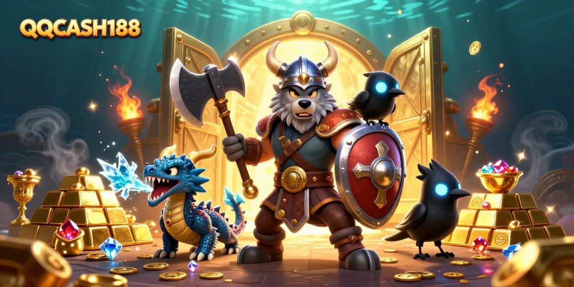 Engage in thrilling gameplay on QQCASH188 with dynamic casino characters amidst golden treasures.