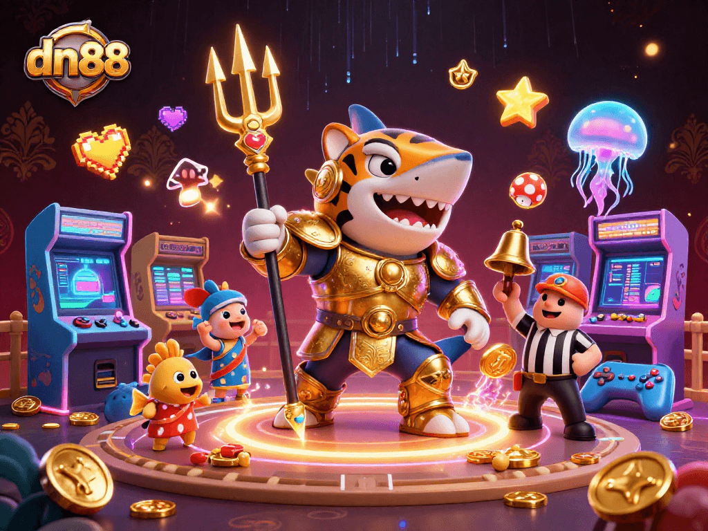 Experience thrilling wins at dn88 with a vibrant underwater casino featuring a golden shark gladiator.