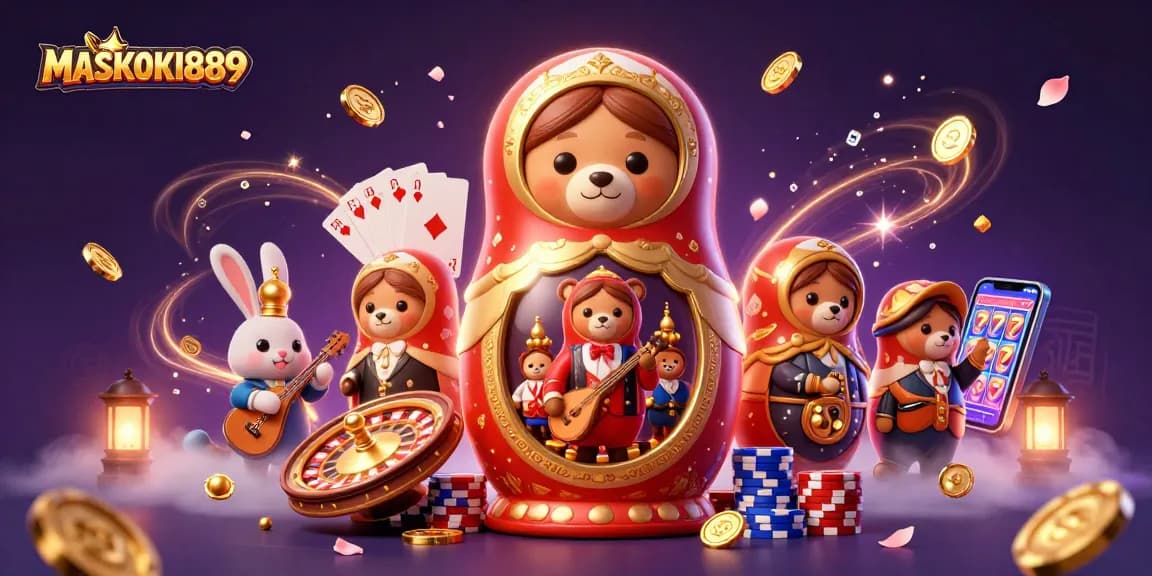 Experience winning thrills at MASKOKI889 with vibrant casino elements and engaging characters.