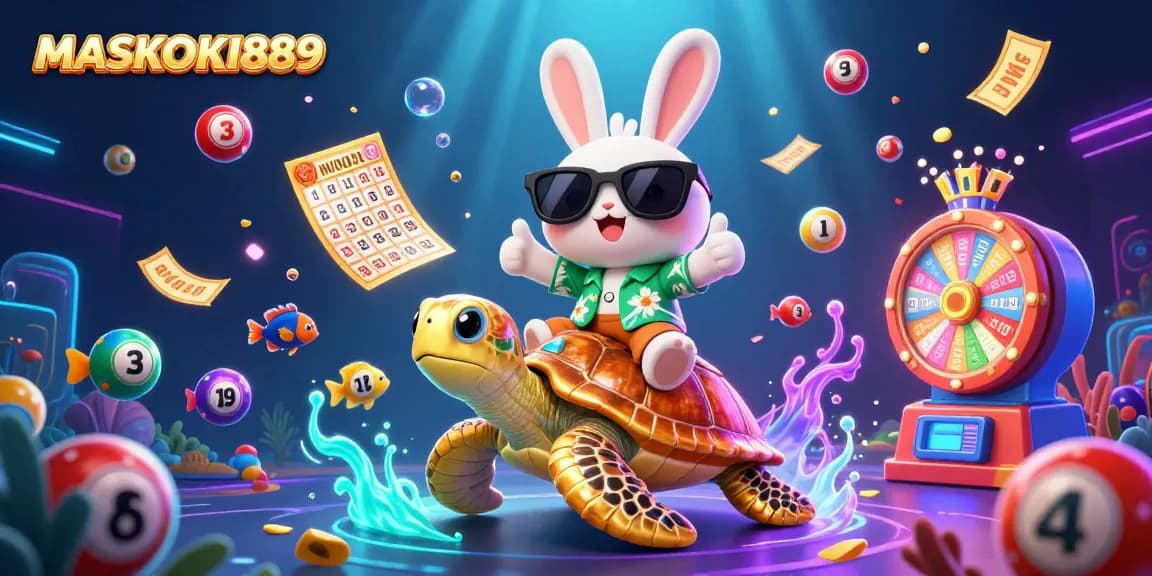 Experience winning moments at MASKOKI889 with vibrant lottery elements in a dynamic, colorful scene.