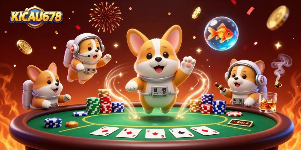 KICAU678 slots action in a vibrant casino scene featuring floating poker chips and animated characters.