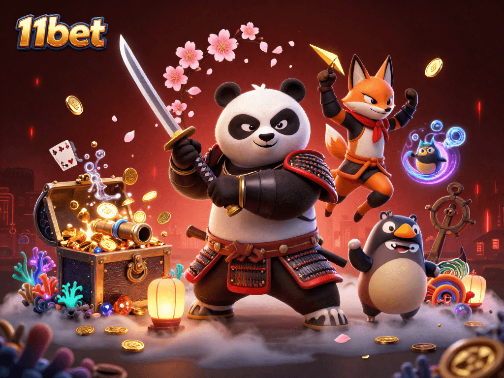 Engage with vibrant 11bet casino action in a dynamic 3D illustration featuring samurai and ninja.
