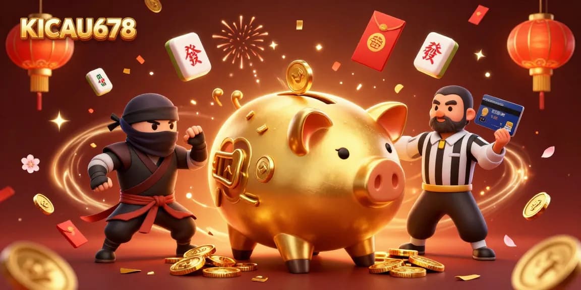 KICAU678 showcases thrilling casino excitement with dynamic characters and golden elements.