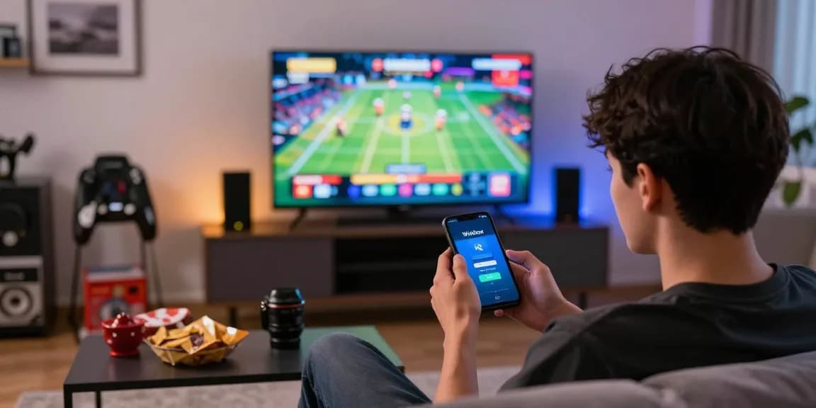 Player engaging with Winbox download on mobile in vibrant gaming setup