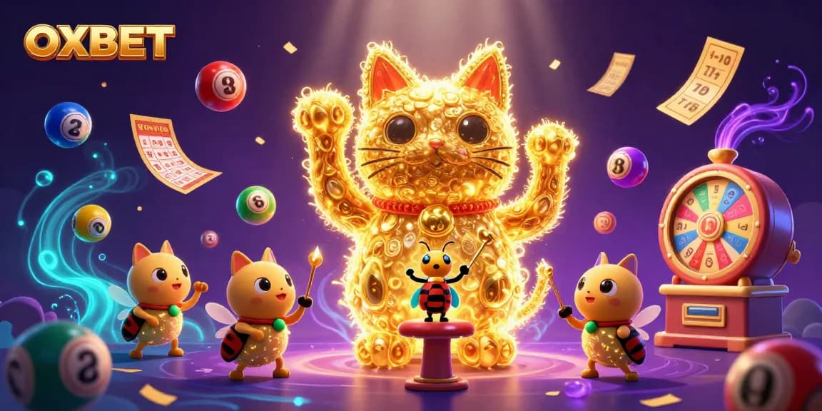 Winning with OXBET in a vibrant casino-themed scene featuring lucky symbols and dynamic elements.