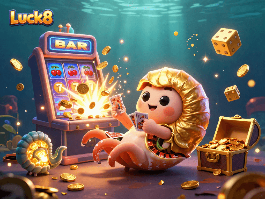 Engage with Luck8's vibrant 3D casino scene featuring ancient sea creatures and exciting gaming action.