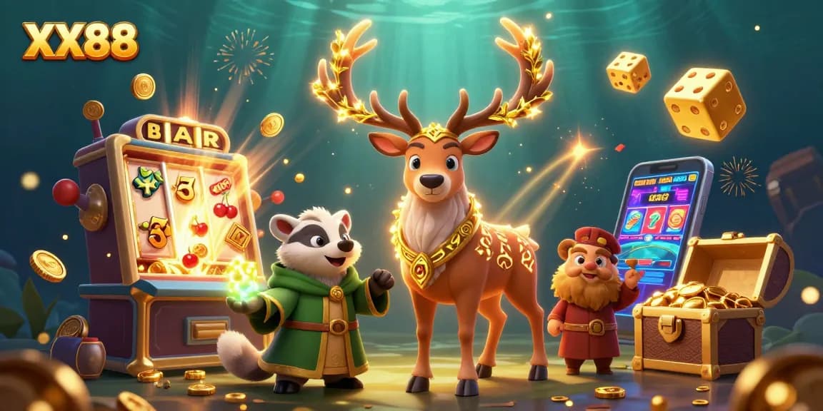 Dive into the thrilling experience at XX88 with 3D animated characters celebrating jackpots in a vibrant casino scene.
