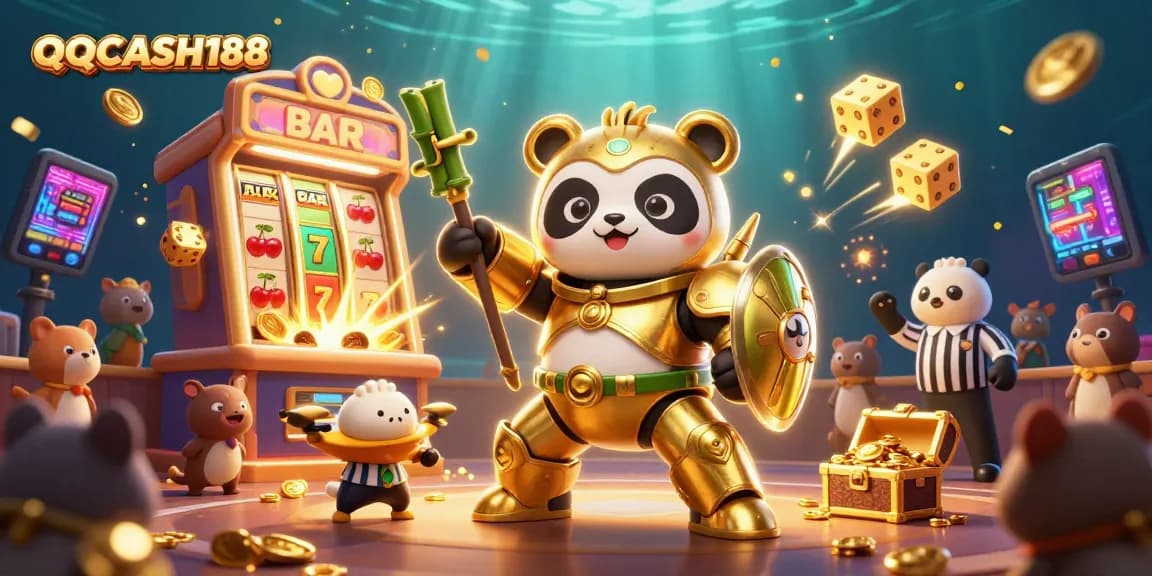 Engage with QQCASH188's exciting slot adventure featuring a golden panda in a lively casino arena.