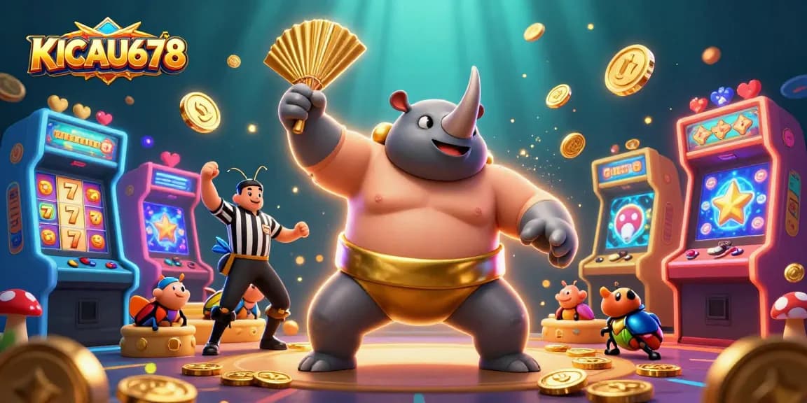Engaging KICAU678 casino illustration featuring a sumo beetle champion surrounded by slot elements.