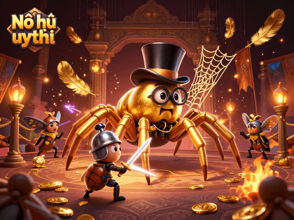 Nổ hũ uy tín showcases a thrilling casino scene with a giant golden tarantula weaving webs of fortune.