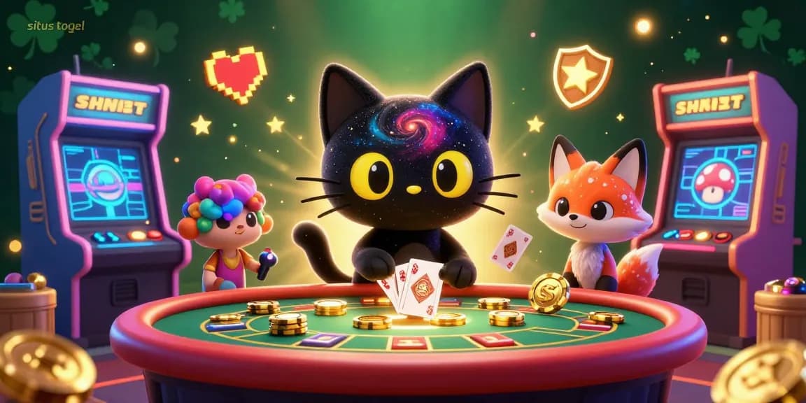 Engage with the cosmic fun of situs togel, featuring a black hole cat and nebula fox at a vibrant casino table.