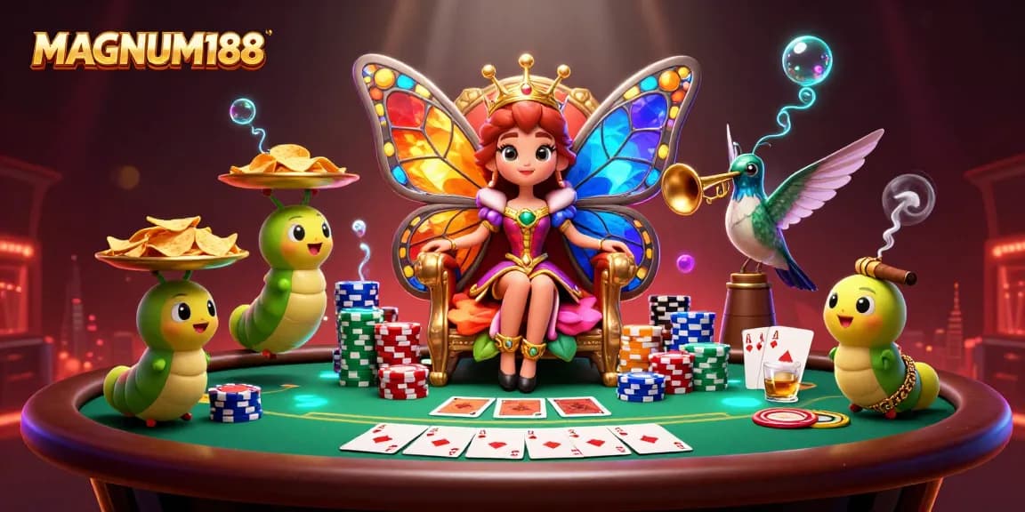 Engage in exciting poker action with MAGNUM188’s vibrant casino scene featuring unique characters and elements.