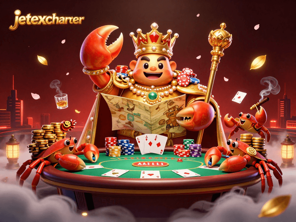 Experience thrilling gaming action with jetexcharter featuring a majestic crab emperor surrounded by poker elements.