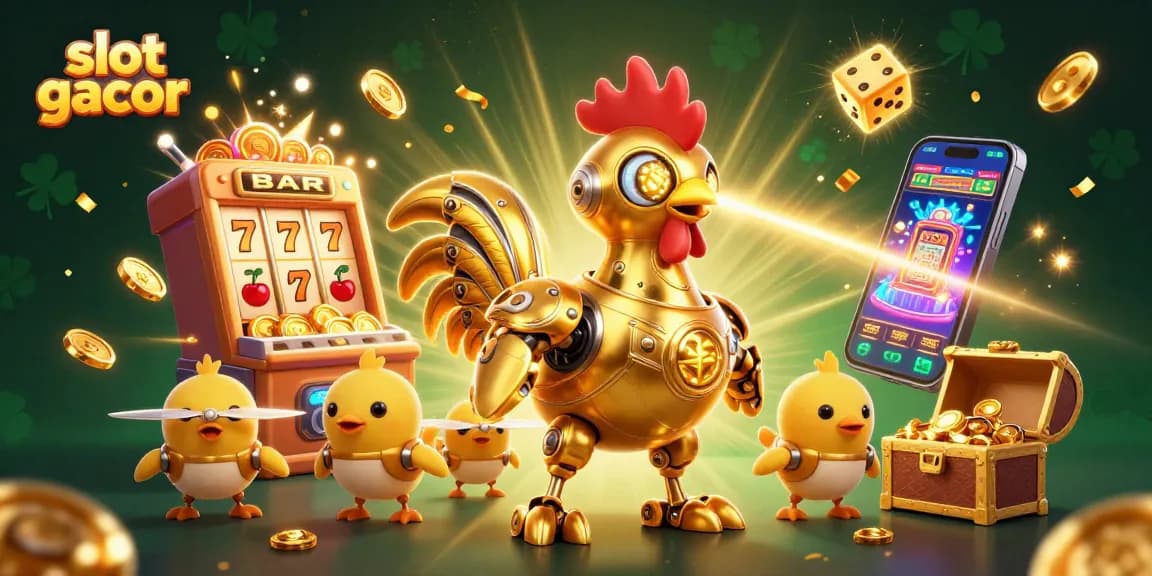 Engage in slot gacor excitement with a golden rooster robot, jackpot, and gaming symbols.