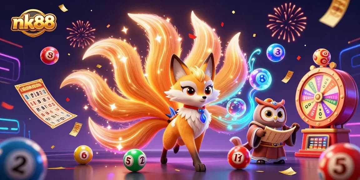 Engage in thrilling activities at nk88, featuring a colorful nine-tailed fox spirit and owl, surrounded by dynamic lottery elements.