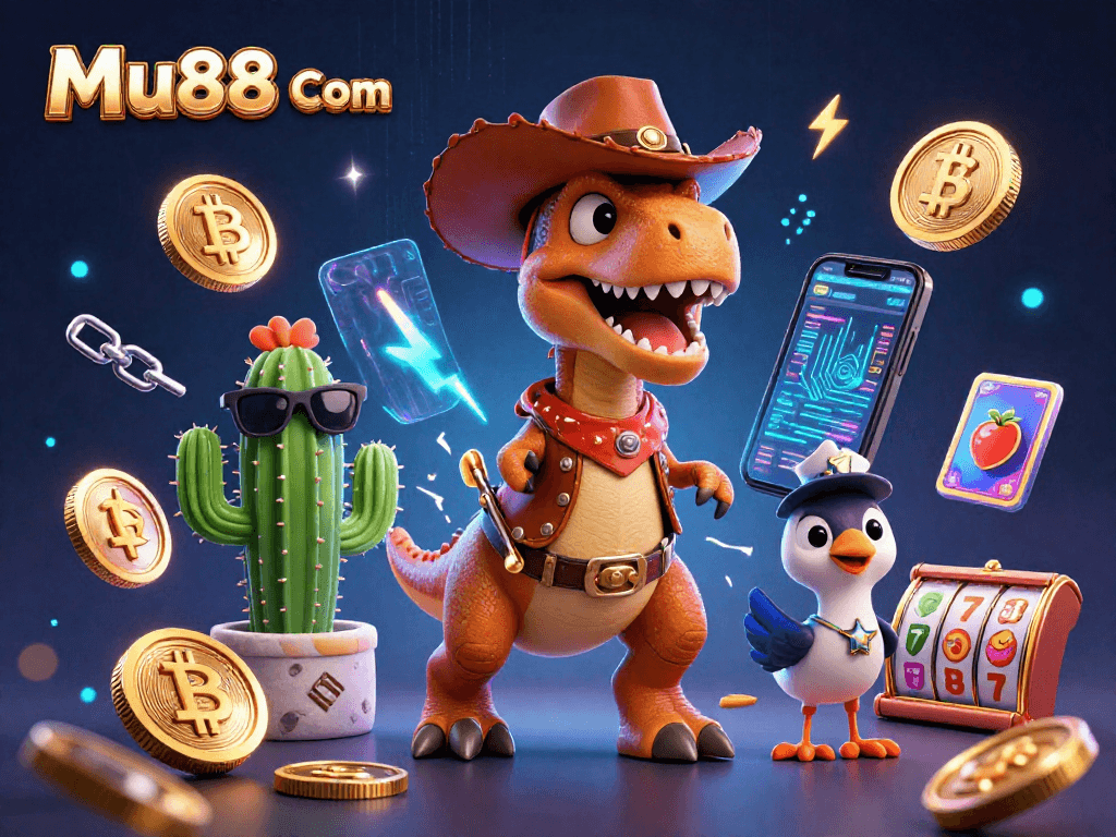 Experience thrilling wins at Mu88 Com with a vibrant casino scene featuring a dinosaur, cactus, and roadrunner.