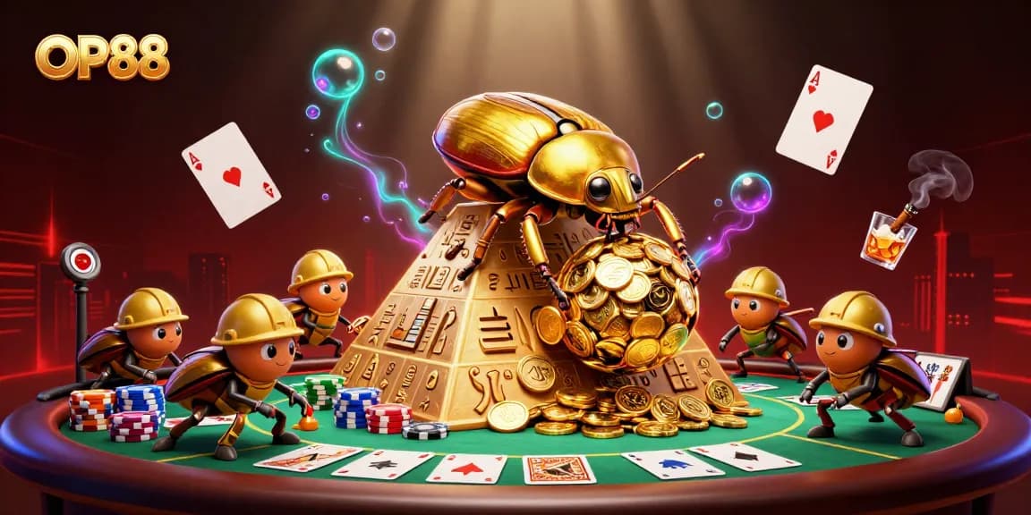 Experience the thrill of OP88 with a dynamic scene showcasing golden coins and poker elements.