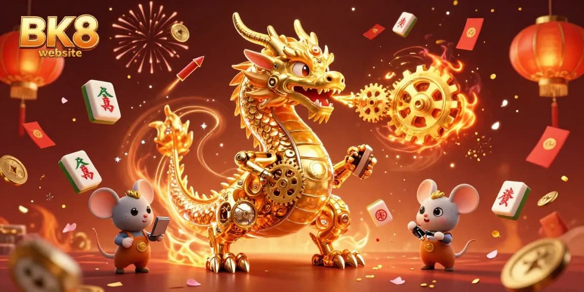 Engage with the BK8 website through vibrant gaming experiences featuring a golden dragon and festive elements.