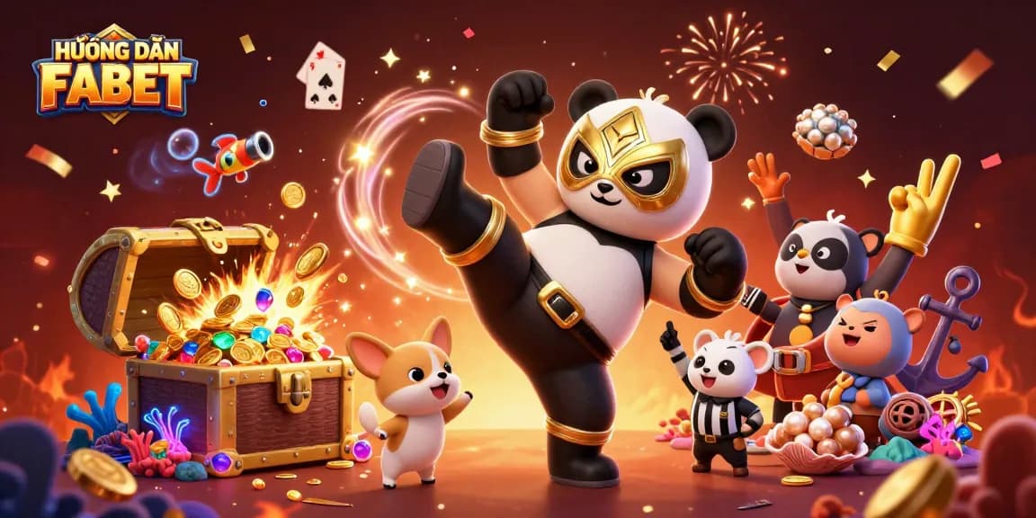 HƯỚNG DẪN FABET showcases a lively 3D casino atmosphere with a panda wrestler and festive elements.
