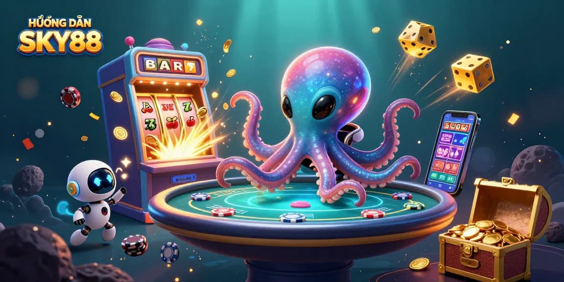Engage in the dynamic casino experience of HƯỚNG DẪN SKY88 with an alien octopus at the poker table.