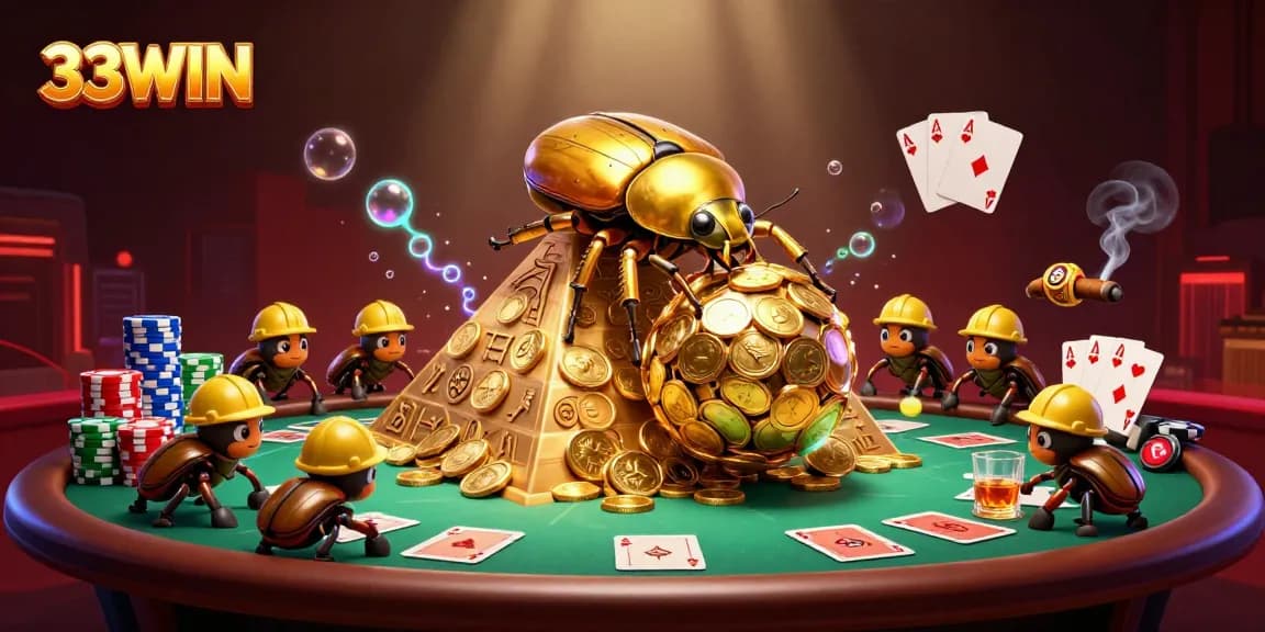 33WIN rolls in gold coins with beetles aiding in a vibrant casino scene, showcasing poker elements.