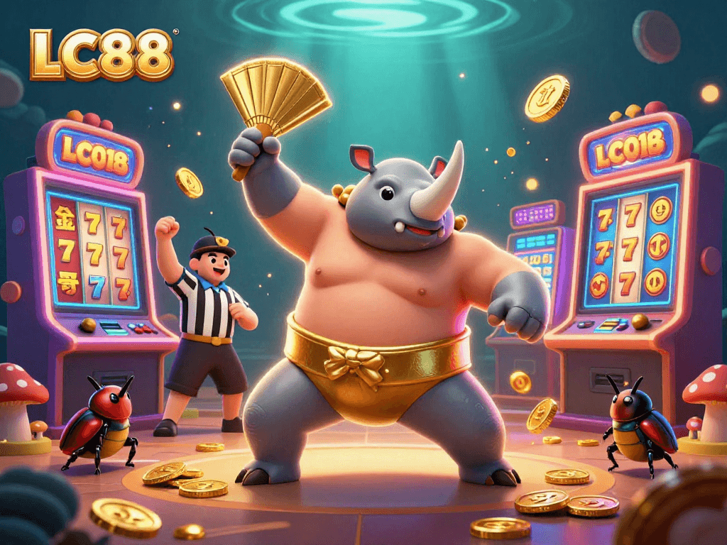 Experience thrilling rewards at LC88 with a vibrant 3D casino scene featuring exciting slot machines.