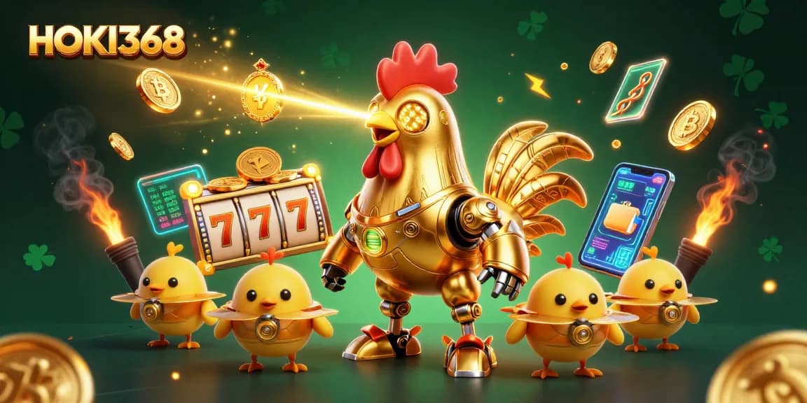 Bet big with HOKI368's vibrant casino-themed illustration featuring a golden rooster robot and slot reels.