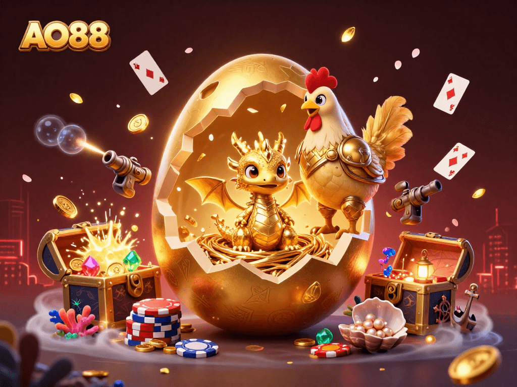 Experience the thrill of AO88 with golden dragon treasures and dynamic casino elements.