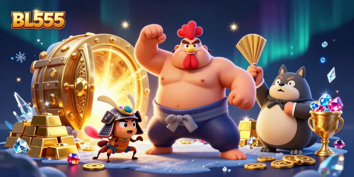 Engage with the winning strategies at BL555 featuring a powerful sumo rooster in a dazzling casino scene.