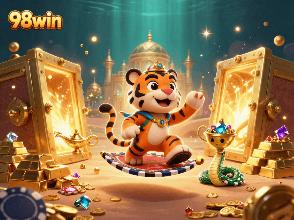 Win big at 98win with 3D animated characters amidst treasure and casino fun.