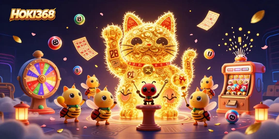 Experience HOKI368 with a dynamic illustration featuring a lucky cat and vibrant casino symbols in a magical setting.