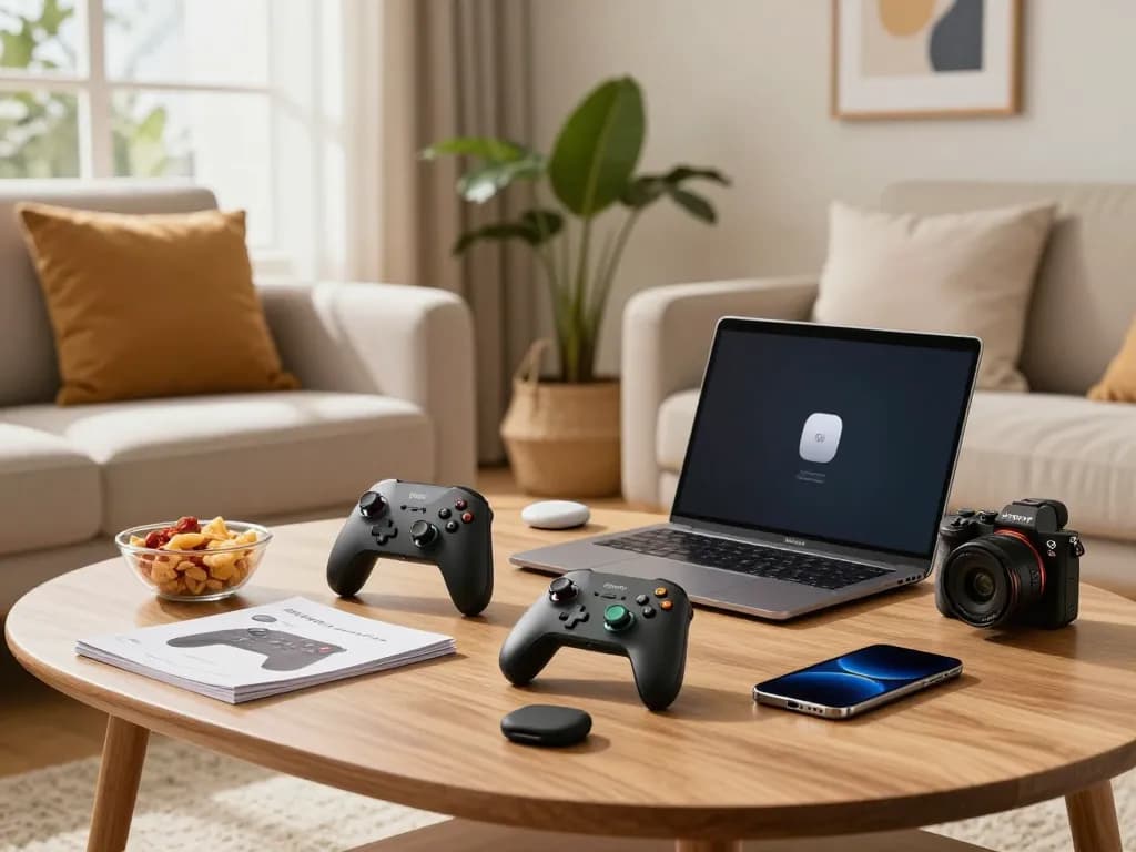 Discover cool tech gadgets under $109 in a cozy living room setting with a tech-savvy consumer exploring innovative products.