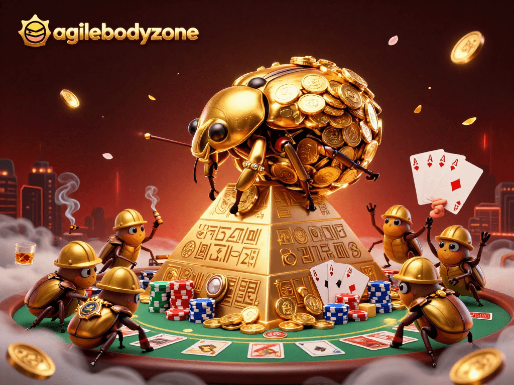 Agilebodyzone showcases a golden dung beetle rolling coins in a dynamic casino-themed 3D illustration.