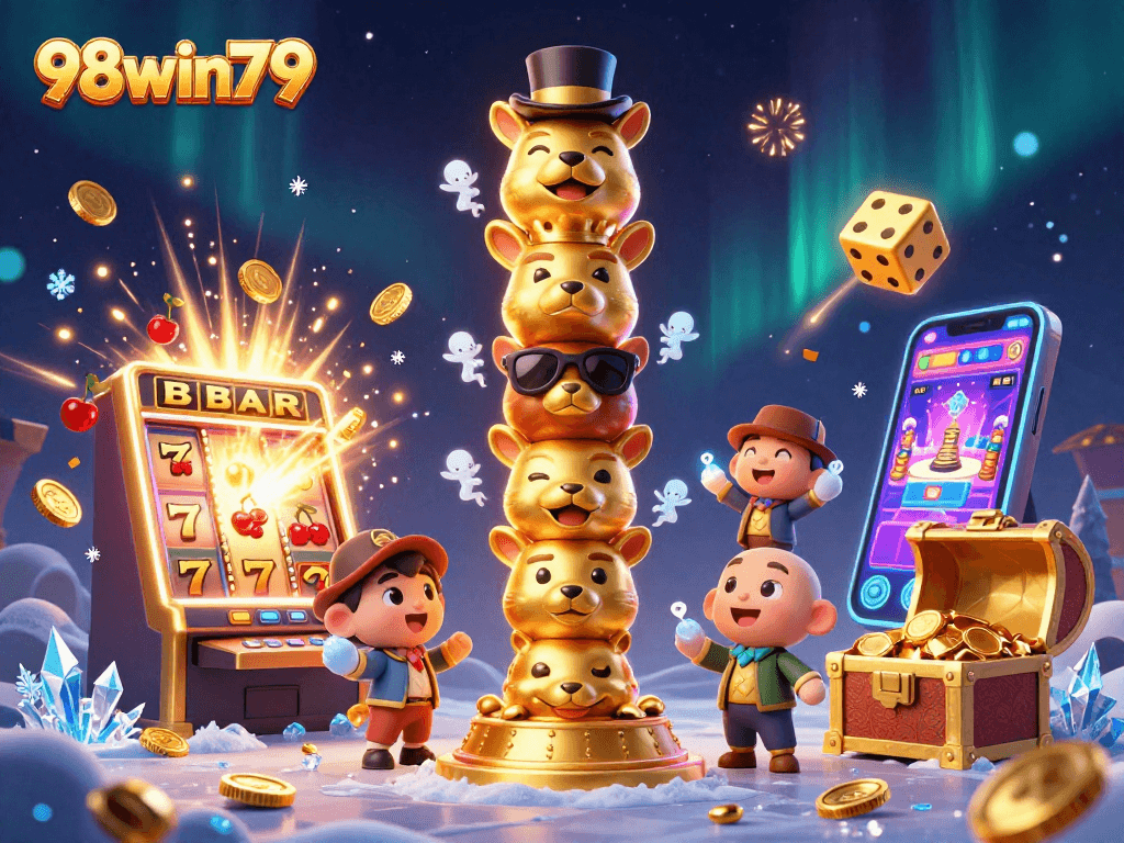 Engage with 98win79 casino gaming, showcasing vibrant slot machines, golden coins, and animated characters.