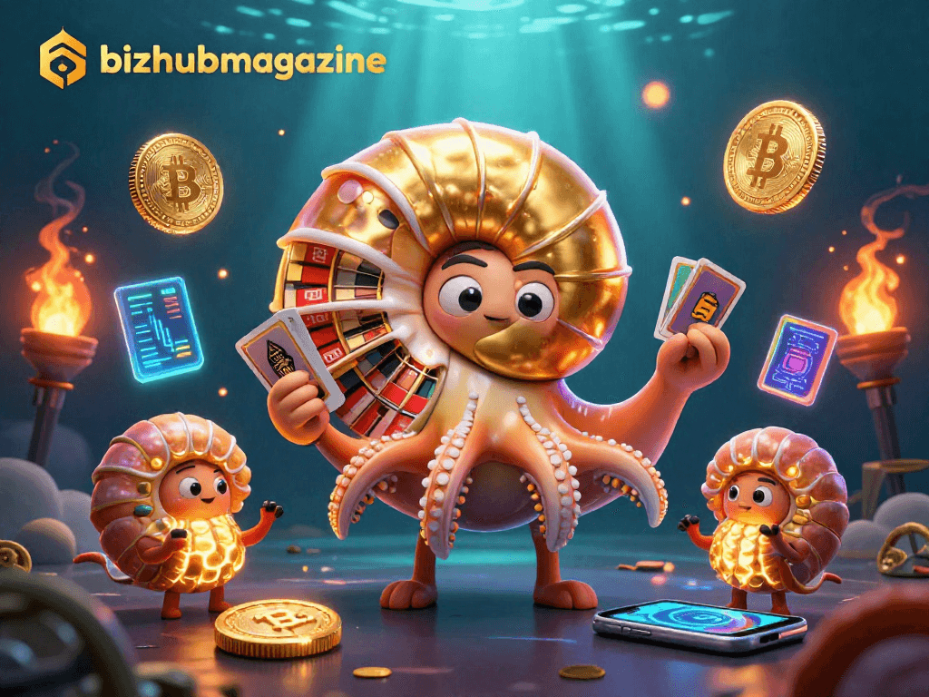 Experience vibrant gaming with bizhubmagazine's 3D casino illustration showcasing diverse crypto elements.