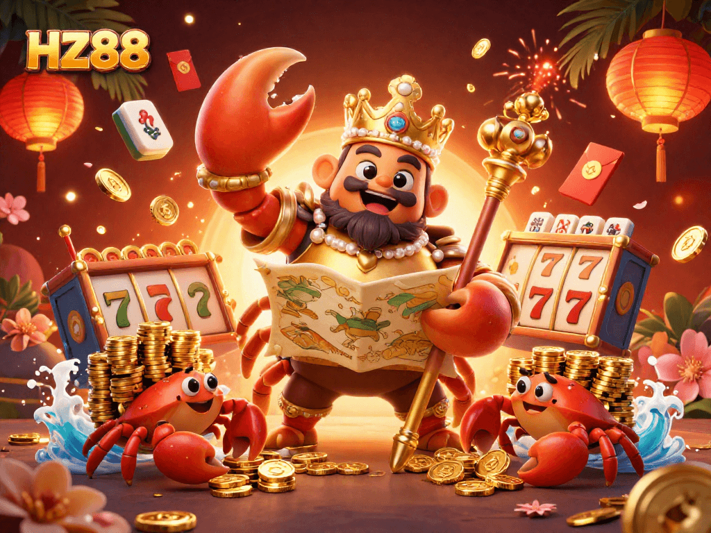 Experience winning at HZ88 with a golden crab emperor and rich casino elements for ultimate fun.