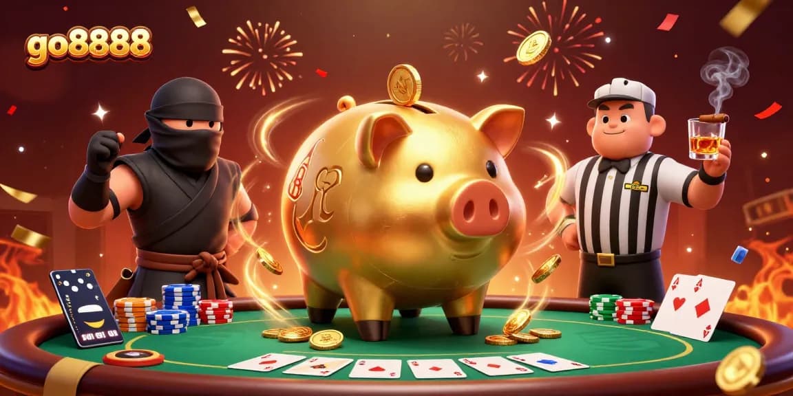 Experience go8888 with golden piggy bank sumo wrestler amidst a vibrant casino scene.