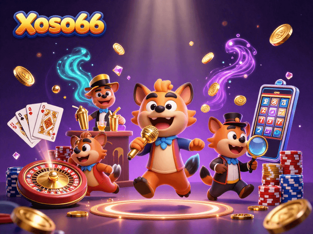 Xoso66 hyenas in a vibrant comedy casino scene, mixing drinks and checking IDs.