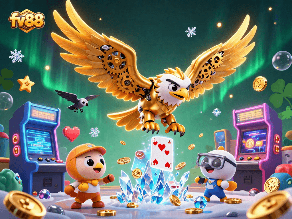 Experience thrilling gaming at fv88 with a cybernetic eagle amidst holographic cards and vibrant game elements.