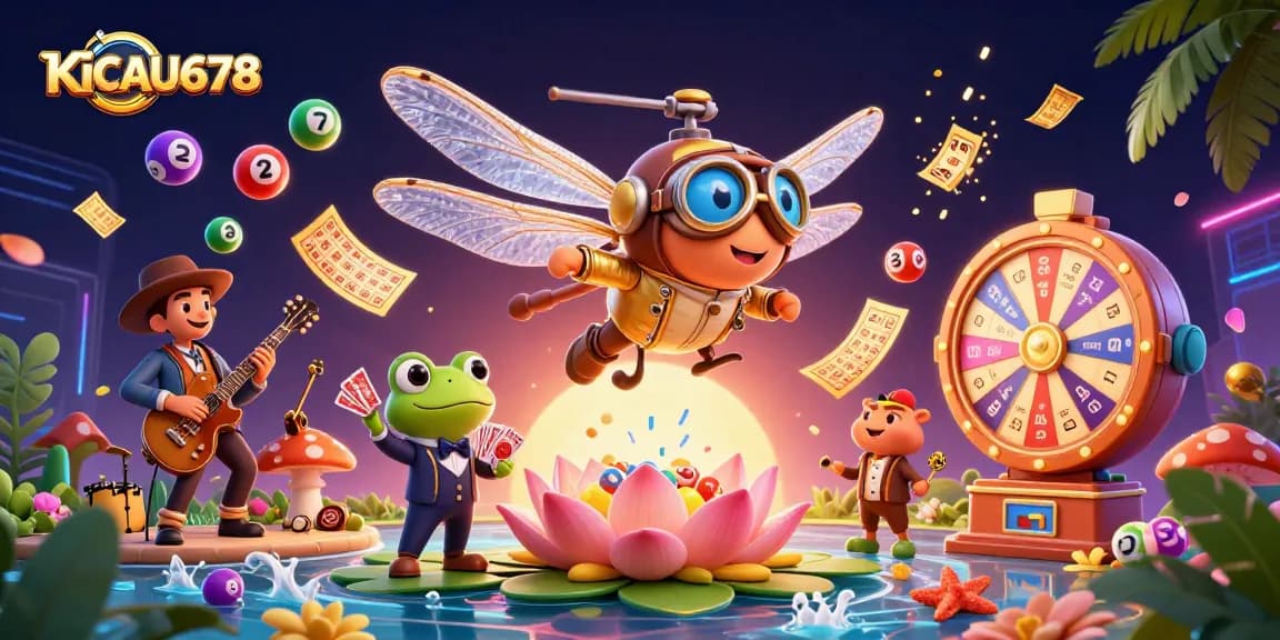 KICAU678 presents a lively casino scene with a dragonfly pilot, frog dealer, and jazz-playing crickets.