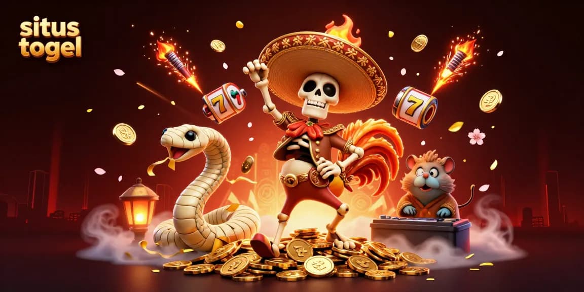 Experience thrilling wins at situs togel with a festive 3D illustration of exciting gambling characters.
