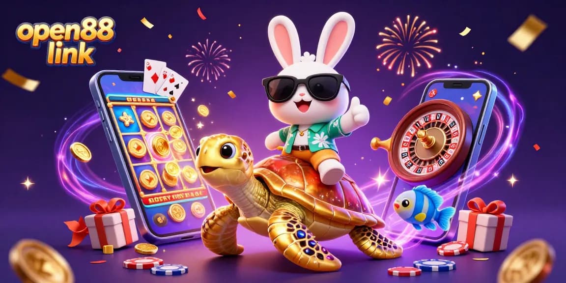 Join the excitement at open88 link with the lucky rabbit and golden turtle surrounded by casino games.