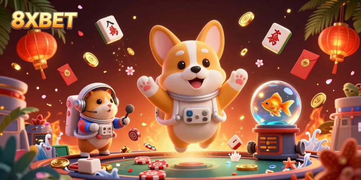 8XBET astronaut corgi navigates an exciting casino space, surrounded by floating symbols of luck and wealth.