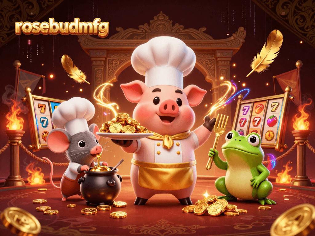 rosebudmfg showcases a vibrant 3D casino scene with a chef pig serving gold coins, perfect for engaging gamblers.