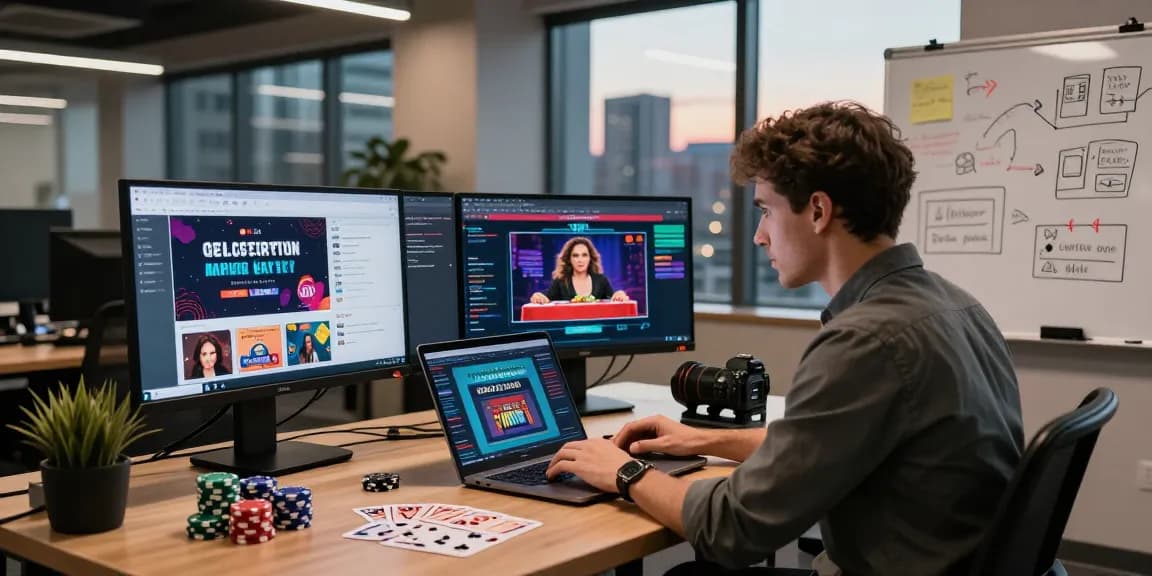 Buy casino guest posts French in a vibrant marketing office, strategist analyzing analytics.