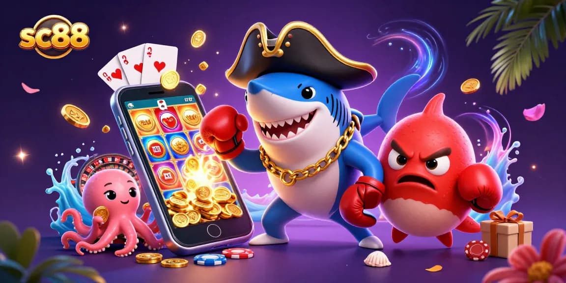 Experience thrilling gameplay with sc88 featuring a vibrant 3D scene of casino elements and playful marine characters.
