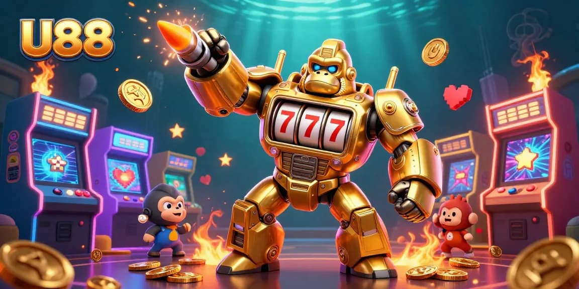 U88 showcases an epic 3D casino battle featuring a golden gorilla mech and a playful monkey pilot.