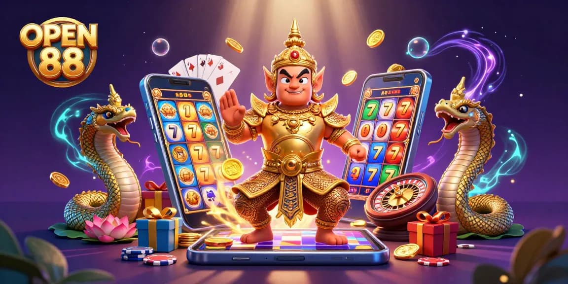 Experience thrilling gameplay at OPEN 88 with a vibrant 3D casino scene featuring a temple guardian and captivating slot elements.