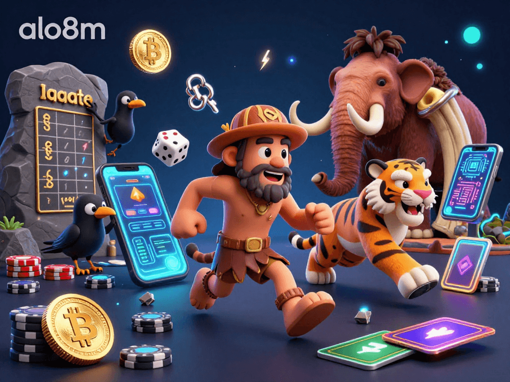 Engage with alo8m in a vibrant 3D illustration of a prehistoric casino environment featuring cartoon characters in action with neon crypto elements.