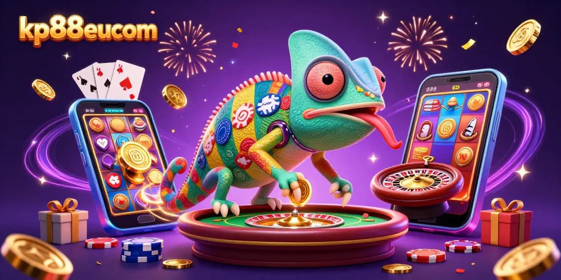 Engage in high-energy gaming experiences at kp88eucom with a colorful chameleon casino owner and exciting game elements.